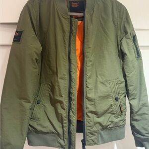 Superdry Olive Bomber Jacket with Vibrant Orange Lining